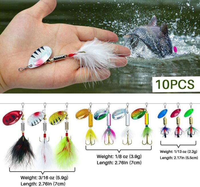 FouceClaus 10pcs Spinner Lures Baits with Tackle Box, Bass Trout Salmon Hard Metal Rooster Tail Fishing Lures Kit - Image 2