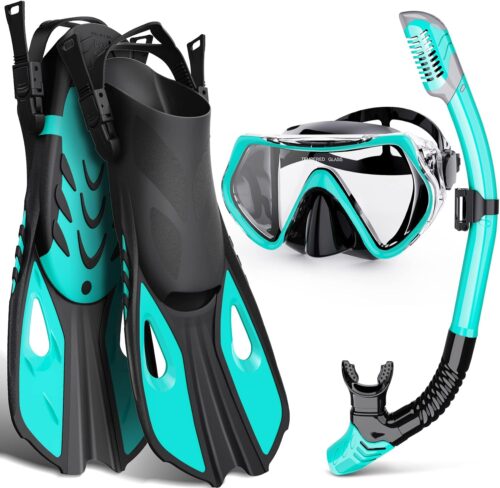 Mask Fin Snorkel Set, Snorkeling Gear for Adults with Panoramic View Mask, Dry Top Snorkel, Adjustable Swim Fins and Travel Bag, Man Woman Snorkel Gear for Swimming Snorkeling Diving