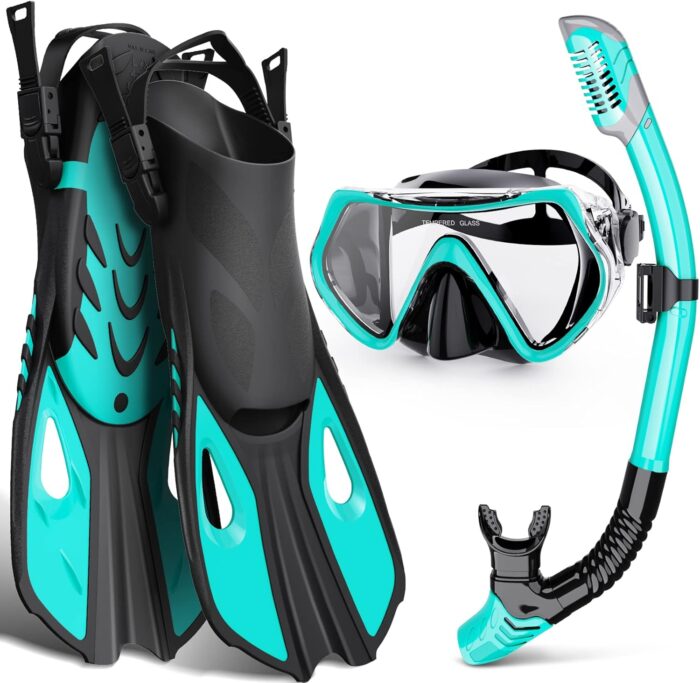 Mask Fin Snorkel Set, Snorkeling Gear for Adults with Panoramic View Mask, Dry Top Snorkel, Adjustable Swim Fins and Travel Bag, Man Woman Snorkel Gear for Swimming Snorkeling Diving