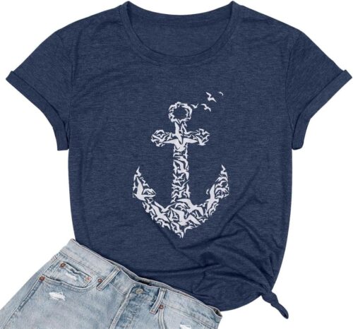 Anchor Women's Boat Anchor Printed T-Shirt - Nautical Funny Beach Summer Navy Sailor Vacation Tee Tops