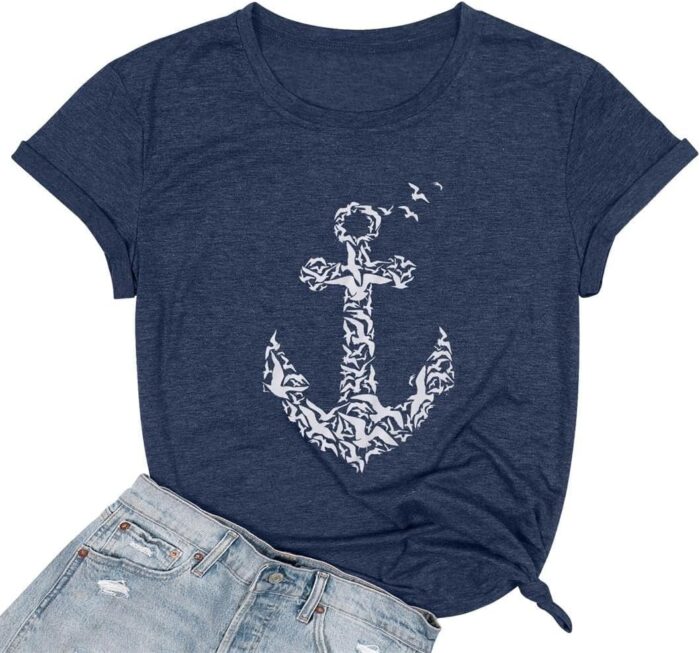 Anchor Women's Boat Anchor Printed T-Shirt - Nautical Funny Beach Summer Navy Sailor Vacation Tee Tops