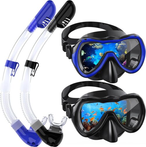 Snorkeling Gear for Adults, Snorkel Mask Set 180° Anti-Fog Tempered Glass, Food-Grade Silicone Anti-Leak Scuba Gear with Dry-Top Snorkel, Diving Mask for Snorkeling, Swimming