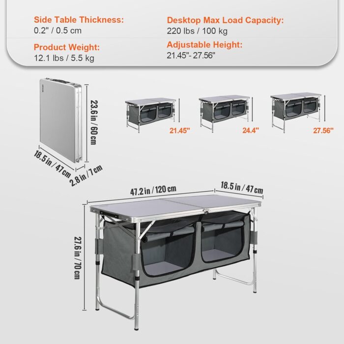 VEVOR Camping Kitchen Station, 3 Adjustable Height Folding Outdoor Camp Cooking Table with Storage Organizer, Quick Set-up for Patio BBQ Picnic Glamping Traveling - Image 3