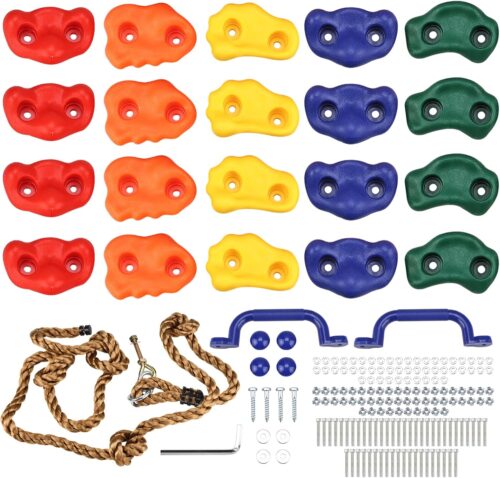 Yaegoo 20 PCS Rock Climbing Holds with Climbing Rope and Handles, Rock Wall Climbing Holds Kit for Indoor and Outdoor Playset, Mounting Hardware Included