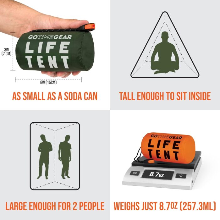 Go Time Gear Survival Life Tent • 2 Person Mylar Emergency Shelter Tube Tent + Paracord • All-Weather Protection for Camping, Hiking, & Survival Kits • Includes Emergency Whistle - Image 2