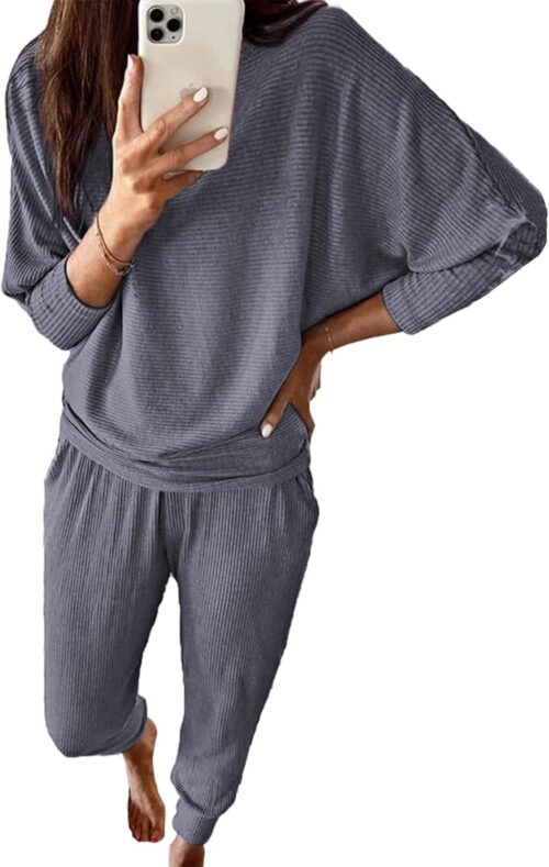 PRETTYGARDEN Women's Fall 2 Piece Outfits Fashion Sweatsuit Long Sleeve Pullover Pants Ribbed Spring Matching Lounge Set
