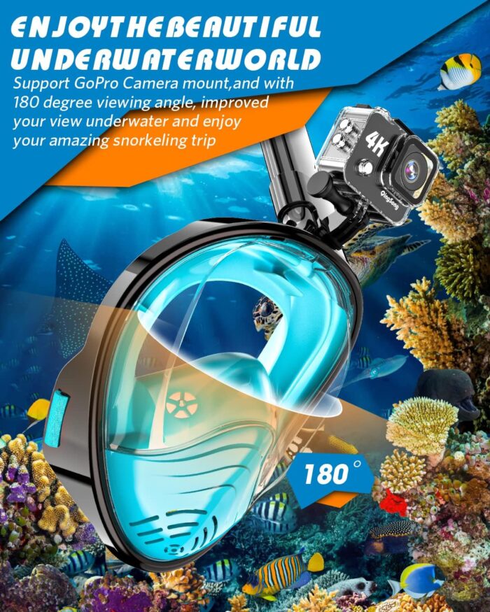 QingSong Full Face Snorkel Mask for Adults, Snorkeling Gear with Camera Mount, 180 Degree Panoramic View Snorkel Set Anti-Fog Anti-Leak - Image 4