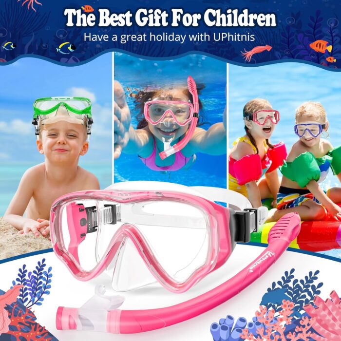 U PHITNIS Kids Snorkel Set for Age 4-14 - Dry Top Snorkeling Gear for Kids Junior & Youth - Childs Diving Mask with Big Eyes for Boys Girls - Anti-Fog Snorkeling Mask and Snorkel Set - Image 7