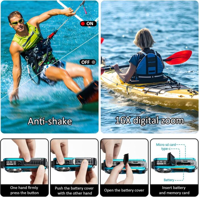 4K Underwater Camera 11FT Waterproof Camera with 32GB Card 56MP Autofocus Dual-Screen Selfie Underwater Camera for Snorkeling Waterproof Compact Floatable Digital Camera 1250mAh Battery Type-C (Blue) - Image 7