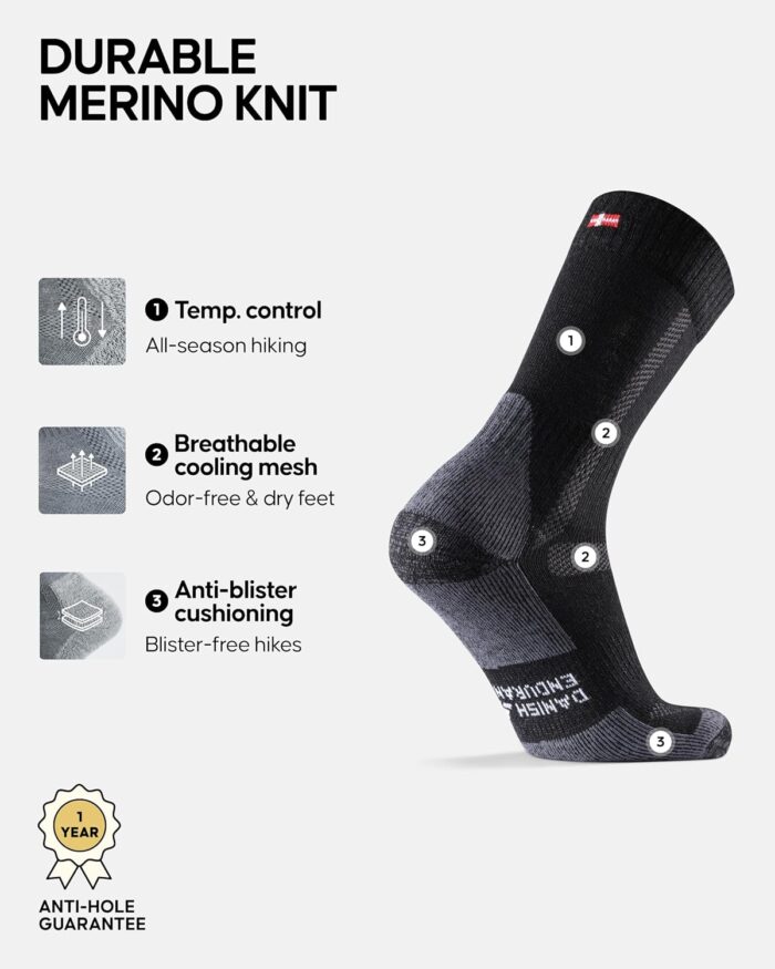 DANISH ENDURANCE Hiking Socks, Merino Wool Socks, Anti Blister, Cushioned, Breathable, Men & Women, 3-Pack - Image 2