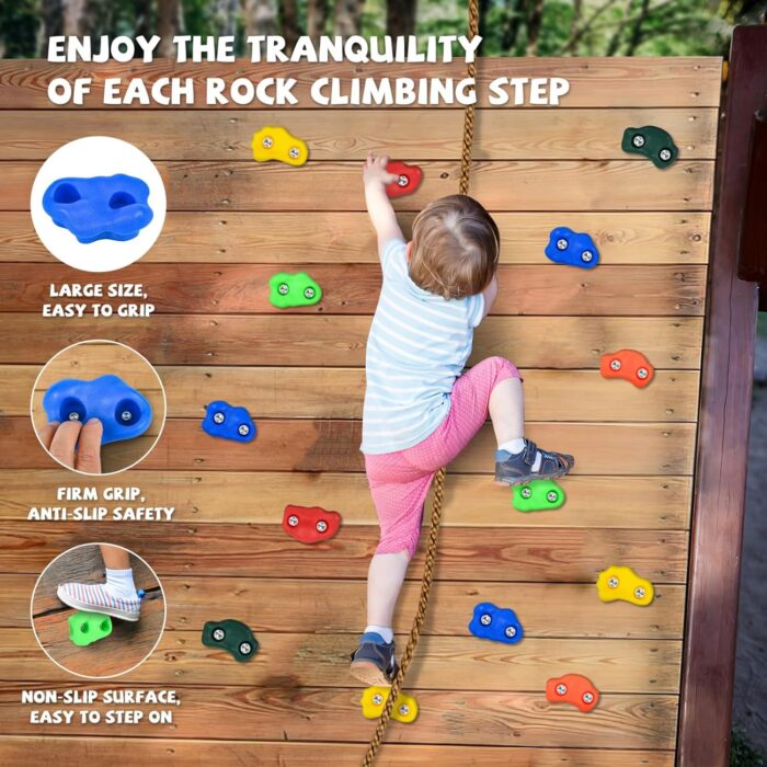 25 PCS Rock Climbing Holds for Kids, Rock Wall Holds with 7.48 Ft Climbing Rope, Indoor and Outdoor Rock Wall Kit, Multi-Colored Climbing Rock Wall Grips for Playground Play Set (Small) - Image 5