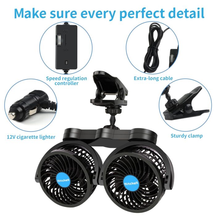 12V Car Fan, Adjustable 4 Inches Dual Head Car Clip Fan for Front/Rear Seat Passenger, 360° Rotatable Cars Fans with Stepless Speed Regulation for Car/Vehicle SUV, RV - Image 2