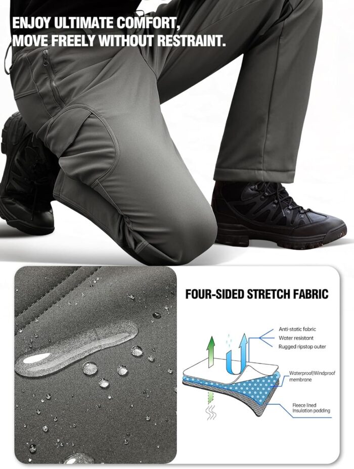 FREE SOLDIER Men's Outdoor Softshell Fleece Lined Cargo Pants Snow Ski Hiking Pants with Belt - Image 4