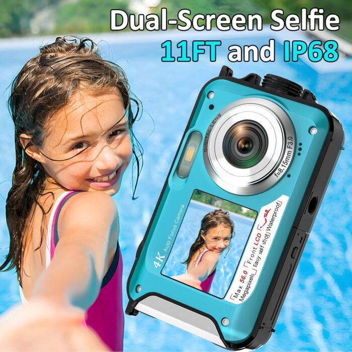 4K Underwater Camera 11FT Waterproof Camera with 32GB Card 56MP Autofocus Dual-Screen Selfie Underwater Camera for Snorkeling Waterproof Compact Floatable Digital Camera 1250mAh Battery Type-C (Blue) - Image 2