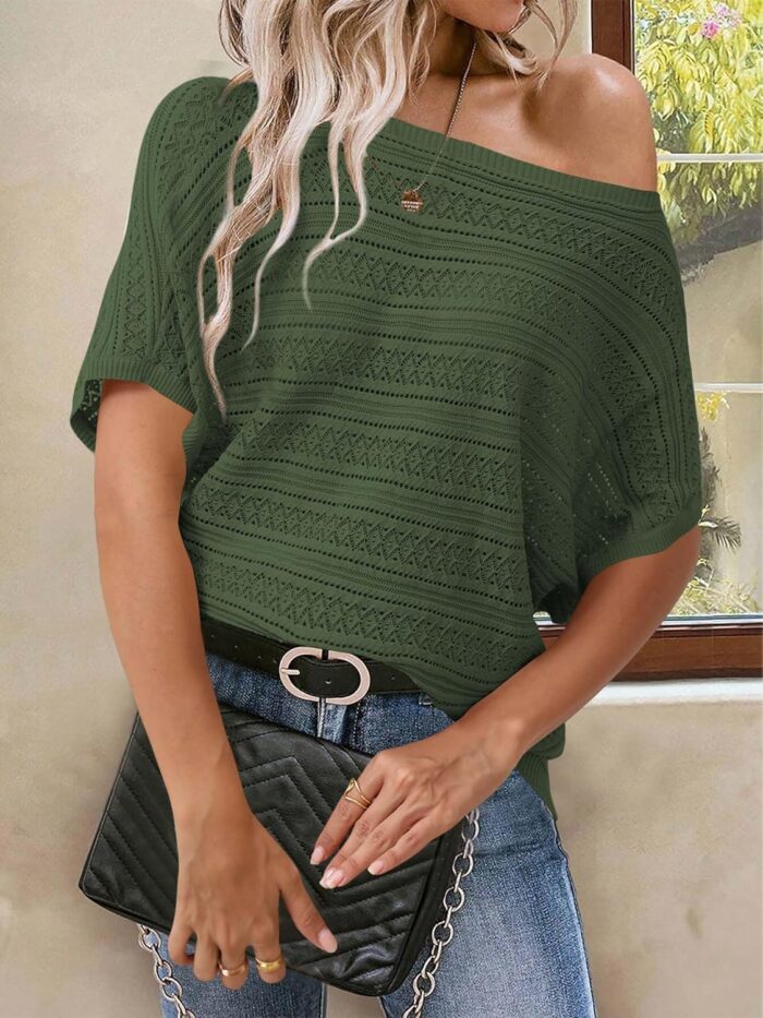 Cakulo Womens Summer Crochet Tops Hollow Out Off The Shoulder Short Sleeve Batwing Knit Spring Sweater Top 2025 - Image 2