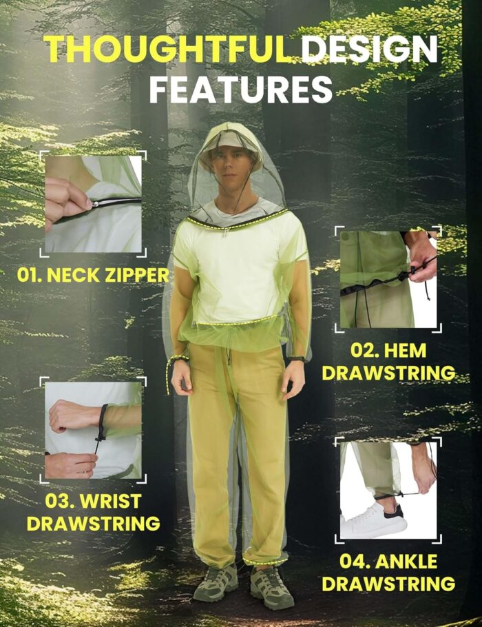 HENNCHEE Mosquito Suits for Adult, Mesh Net Bug Hooded Jacket Pant, Outdoor Full Body Protection Mosquito Proof Clothing - Image 4