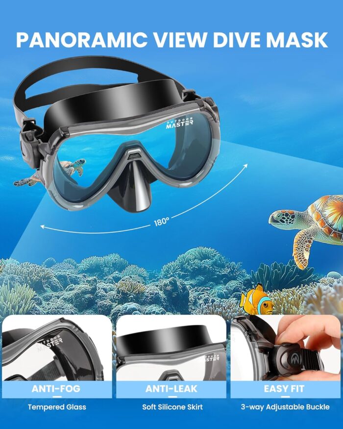 OutdoorMaster Mobula Snorkeling Gear for Adults,Mask Fins Snorkel Set with Panoramic View Anti-Fog, Dry Top Scuba Gear for Swimming Snorkeling Diving - Image 2