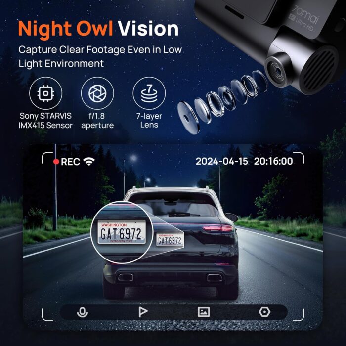 70mai 4K Dash Cam Front and Rear with STARVIS, Built in 5GHz WiFi & GPS Car Camera, Super Night Vision, ADAS, 3'' IPS Screen, 24H Parking Mode, Time-Lapse, Loop Recording, with 128GB Card - Image 4