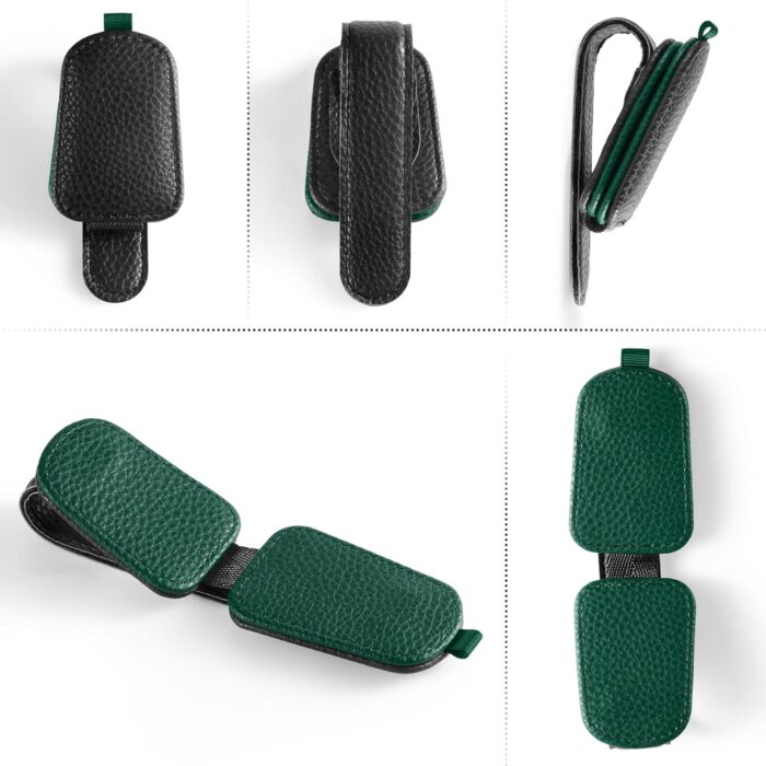 SINGARO Sunglasses Holder for Car, Leather Magnetic Buckle Sun Visor Sunglass Clip, Ticket Card Storage Glasses Clip, Car Interior Accessories for Men and Women（Black-Green） - Image 4