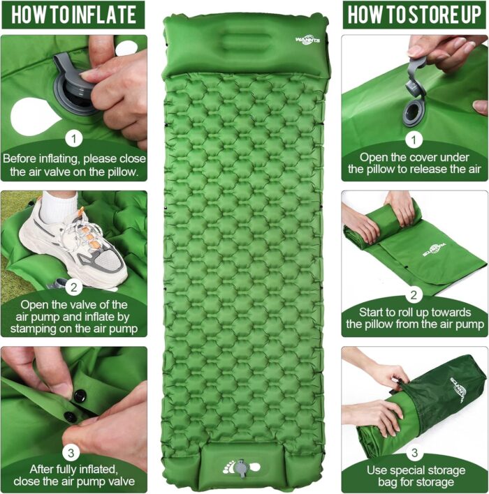 WANNTS Sleeping Pad, Ultralight Inflatable Sleeping Pad for Camping, Built-in Pump, Ultimate for Camping, Hiking - Airpad, Carry Bag, Repair Kit - Compact & Lightweight Camping Pad(Green) - Image 4