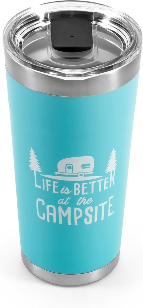 Camco Life is Better at The Campsite Tumbler | Heavy Duty Double Wall Vacuum Insulation | Crafted of 18/8 Stainless Steel | Unique “Life is Better at The Campsite” Design on Cool Blue | 20-oz (53057)