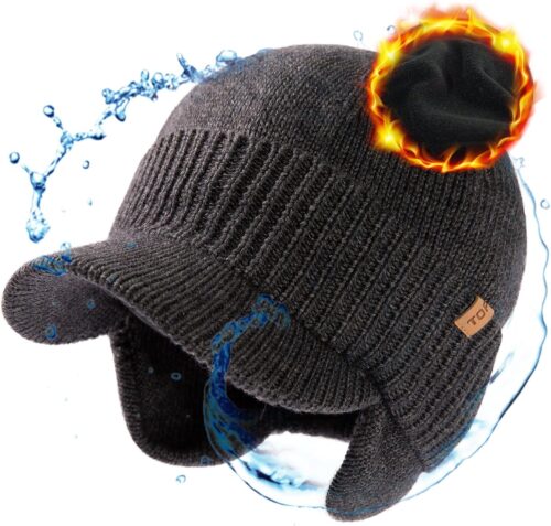 TOP-EX L/XL/XXL Unisex 80% Merino Wool Waterproof Brim Beanie Hats with Ear Flaps Fleece Lined for All Weather