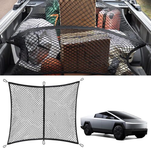 Tesla Cybertruck Truck Bed Cargo Net, Pickup Elastic Storage Cargo Nets Organizer, Cybertruck Accessories for 2024 & 2025, Rear Compartment Net with 6 Mountaineering Buckles, Measuring 4ft x 4ft