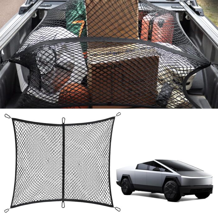 Tesla Cybertruck Truck Bed Cargo Net, Pickup Elastic Storage Cargo Nets Organizer, Cybertruck Accessories for 2024 & 2025, Rear Compartment Net with 6 Mountaineering Buckles, Measuring 4ft x 4ft