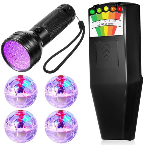 Dunzy 6 Pcs Ghost Hunting Equipment Kit Include 1 Emf Meter 1 UV Flashlight and 4 LED Light up Pet Cat Ball Ghost Investigation Paranormal Equipment for Home Office Inspections Gifts(Strong Light)