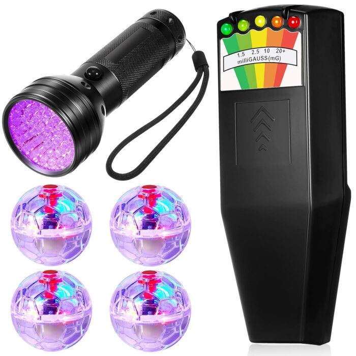 Dunzy 6 Pcs Ghost Hunting Equipment Kit Include 1 Emf Meter 1 UV Flashlight and 4 LED Light up Pet Cat Ball Ghost Investigation Paranormal Equipment for Home Office Inspections Gifts(Strong Light)