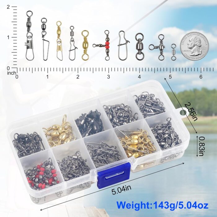 175pcs Fishing Swivels Snaps Kit - Ball Bearing Barrel Swivel 3 Way Swivels Fishing Tackle Line Connector Terminal Accessories Tackle Box for Lures Sinkers - Image 7