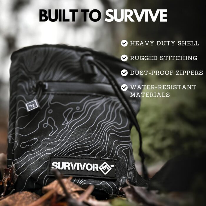 SURVIVOR Chalk Bag - Iconic Topographical Map, Draw String Closure, 2 Zippered Pockets, & Brush Holder - Chalk Bag for Rock Climbing, Bouldering, Weightlifting, Gymnastics & More - Image 3
