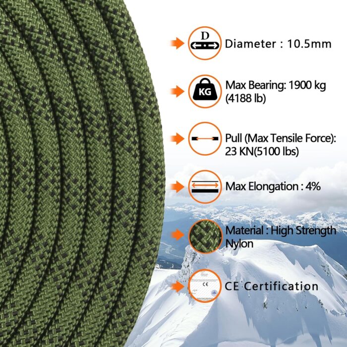 AOLEBA 10.5 mm Static Climbing Rope 10M(32ft) 20M(64ft) 30M(96ft) 50M(160ft) 70M(230ft) Outdoor Rock Climbing Rope, Escape Rope Ice Climbing Equipment Fire Rescue Parachute Rope - Image 4