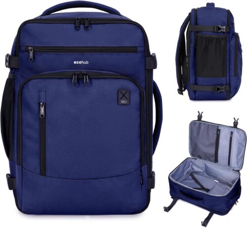 ECOHUB 17" Small Travel Backpack, United Airlines Personal Item Bag 17x10x9 with 16 Pockets, Water Resistant Rucksacks Fit 15.6" Laptop, AirTag Pocket, Lightweight Casual Daypack, 25L, Blue