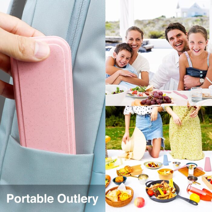 Reusable Travel Utensils Set with Case, 4 Sets Wheat Straw Portable Knife Fork Spoons Tableware, Eco-Friendly BPA Free Cutlery for Kids Adults Picnic Camping Utensils(Green, Beige, Pink, Blue) - Image 3