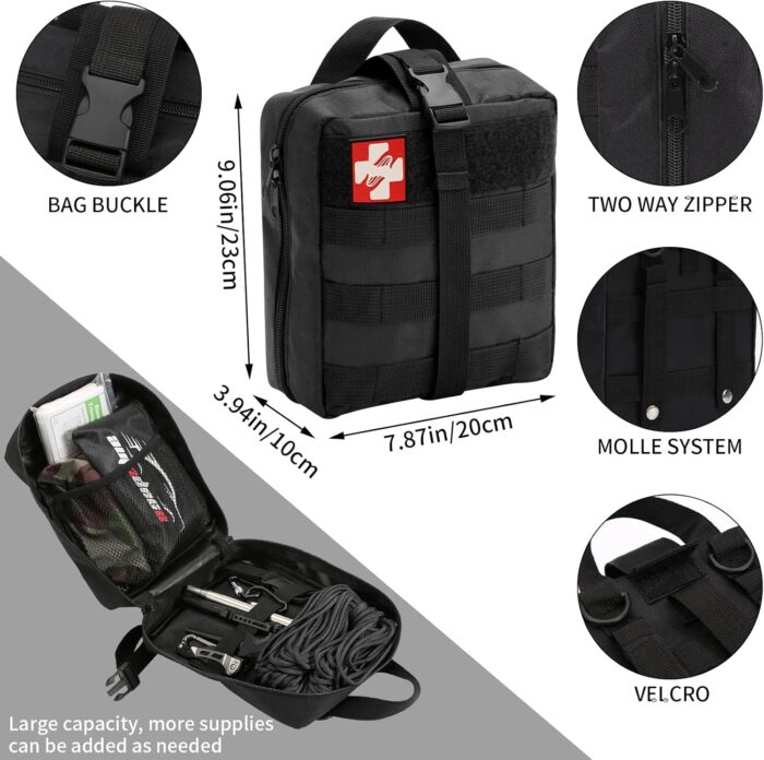 Emergency Survival Kit, Camping First Aid Survival Kit with Molle Pouch for Earthquake Preparedness Outdoor Adventure, Black - Image 9