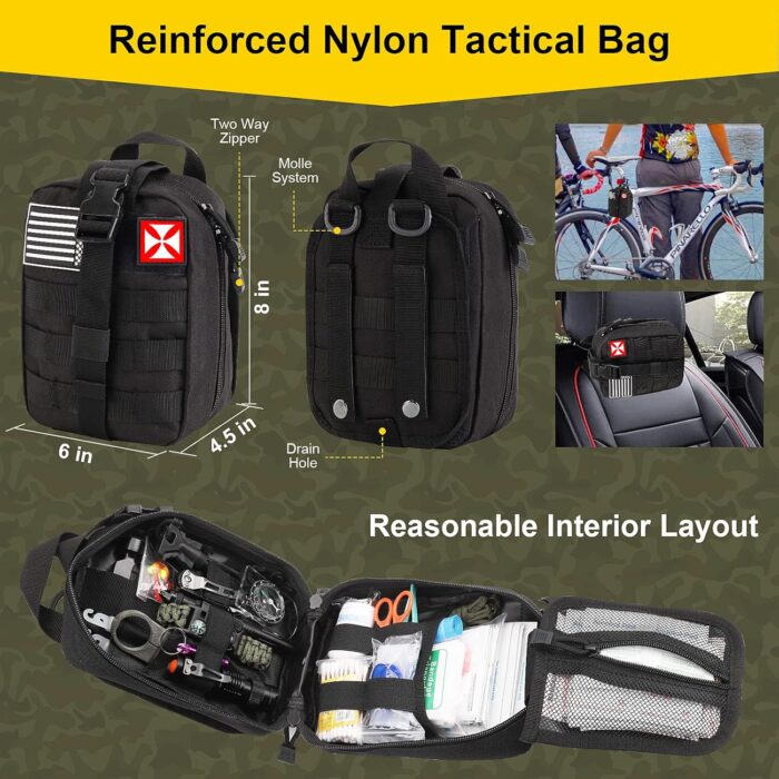 Survival First Aid Kit, 248PCS Survival Tools Camping Essentials Tactical Gear Emergency Trauma Medical Supplies Packed in a MOLLE Pouch, Saber Card,Cool for Men Camping Hiking Outdoor Activities - Image 2