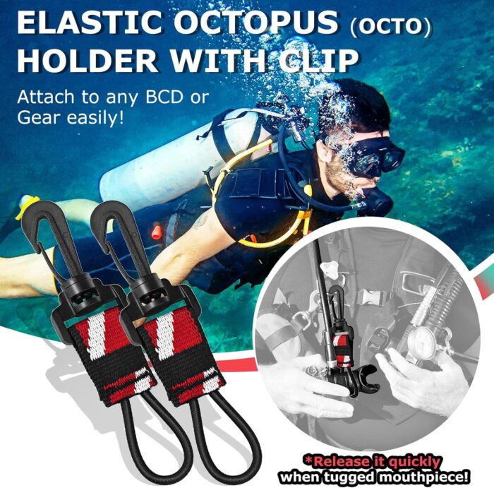 2Pack Scuba Octopus (Octo) Holder, Diving 2nd Stage Regulator Keeper Mouthpiece Retainer with Elastic Loop and 360° Swivel Snap Clip for Attach to BCD Easily - Image 2
