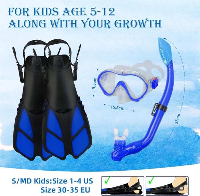 Kids Snorkeling Set with Flippers+Panoramic Snorkel Mask+Dry Top Snorkel+Earplugs+Gear Bag,Snorkeling Gear for Kids,Youth,Boys and Girls Age 5-12 - Image 6