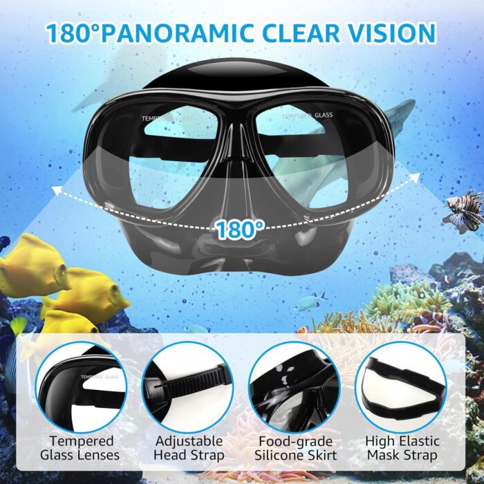 Snorkeling Gear for Adults, Snorkel Mask Adult Set Wide View Scuba Mask Anti-Leak and Anti-Fog Tempered Glass Lens Dry Top Mask Nose Cover for Youth (Black) - Image 3
