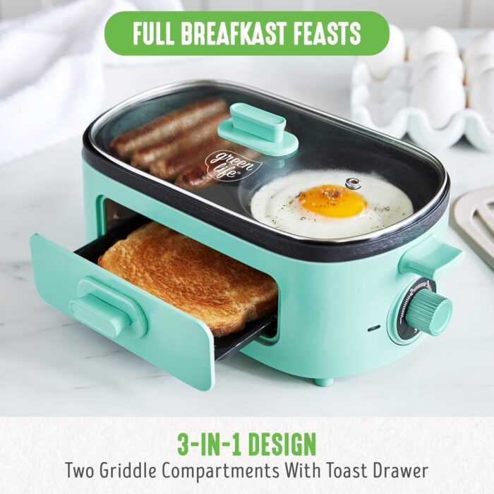 GreenLife 3-in-1 Breakfast Maker Station, Healthy Ceramic Nonstick Dual Griddles for Eggs Meat Sausage Bacon Pancakes and Breakfast Sandwiches, 2 Slice Toast Drawer, Easy-to-use Timer, Turquoise - Image 7