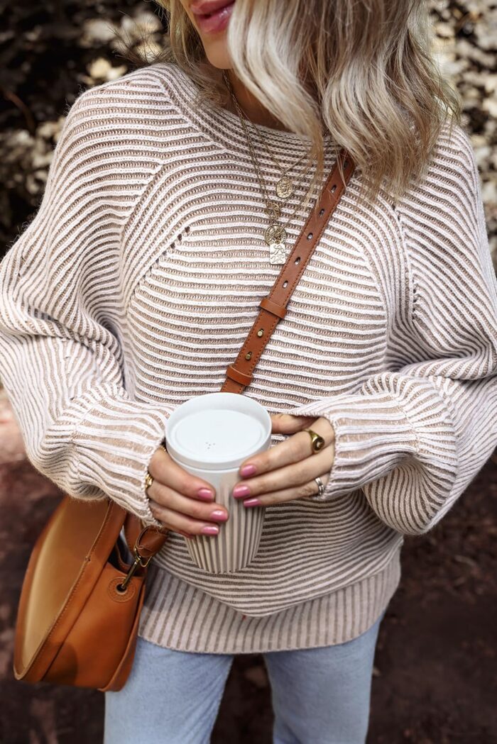EVALESS Striped Sweaters for Women Boat Neck Batwing Sleeve Oversized Pullover Sweater Tops Womens Fall Clothes Outfits - Image 2