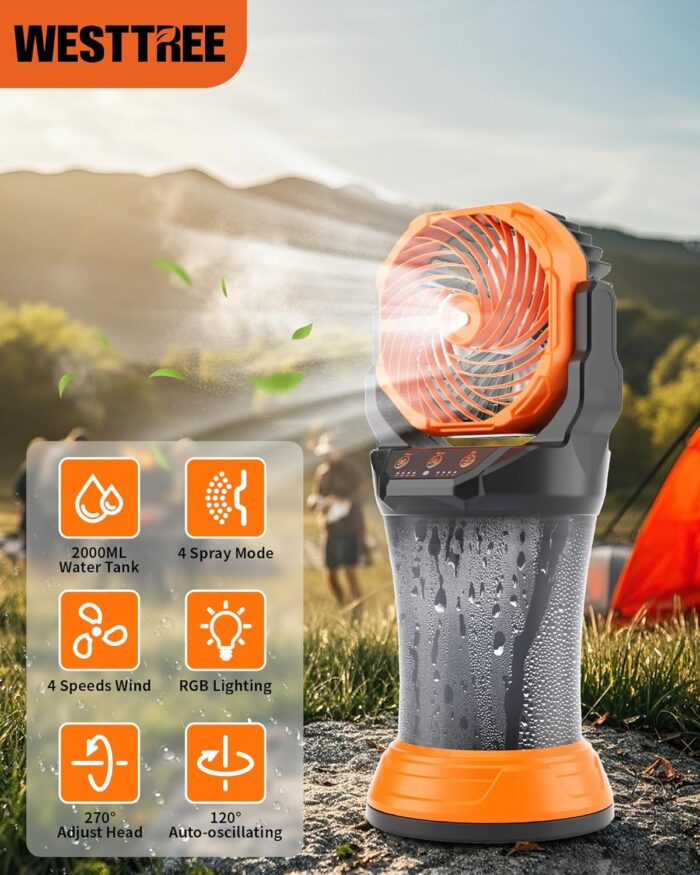Portable Misting Fan with Large Battery Fan-Rechargeable Outdoor Misting Cooling Fans with 2L Water Tank,RGB Lights,4 Speeds & Spray Modes-for Patio, Camping, Beach, Workshop (X65 Orange) - Image 8
