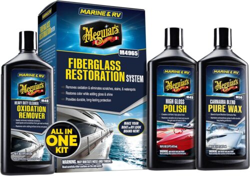 Meguiar's M4965 Marine/RV Fiberglass Restoration System, 3-Piece Marine Fiberglass Repair Kit Featuring Oxidation Remover for Boat Care Plus Boat Polish and Wax