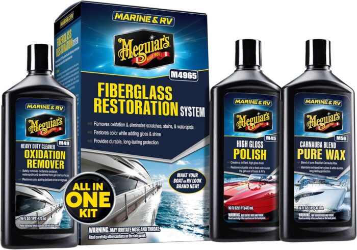 Meguiar's M4965 Marine/RV Fiberglass Restoration System, 3-Piece Marine Fiberglass Repair Kit Featuring Oxidation Remover for Boat Care Plus Boat Polish and Wax