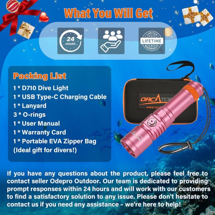 ORCATORCH D710 Scuba Diving Light, 3000 Lumens Super Bright Underwater Flashlight with 6 Degrees Narrow Beam, IP68 Waterproof Night Dive Torch 150 Meters Submersible Light (Pink) - Image 6