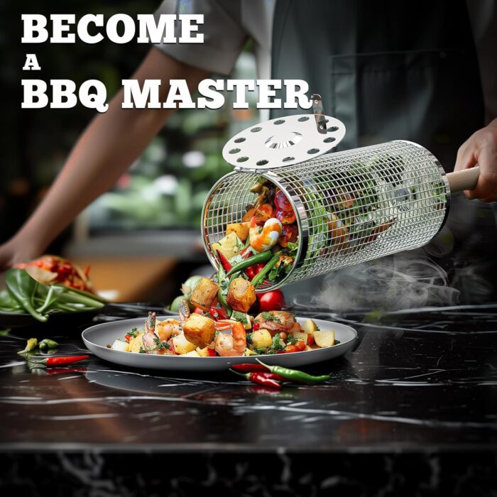 Rolling Grill Basket(2PCS), Removable Wooden Handle, 304 Stainless Steel, Nesting Grilling Net, BBQ Accessories Tool for Vegetable Shrimp, Outdoor Cooking Camping, Birthday Gifts for Men Dad Husband - Image 4
