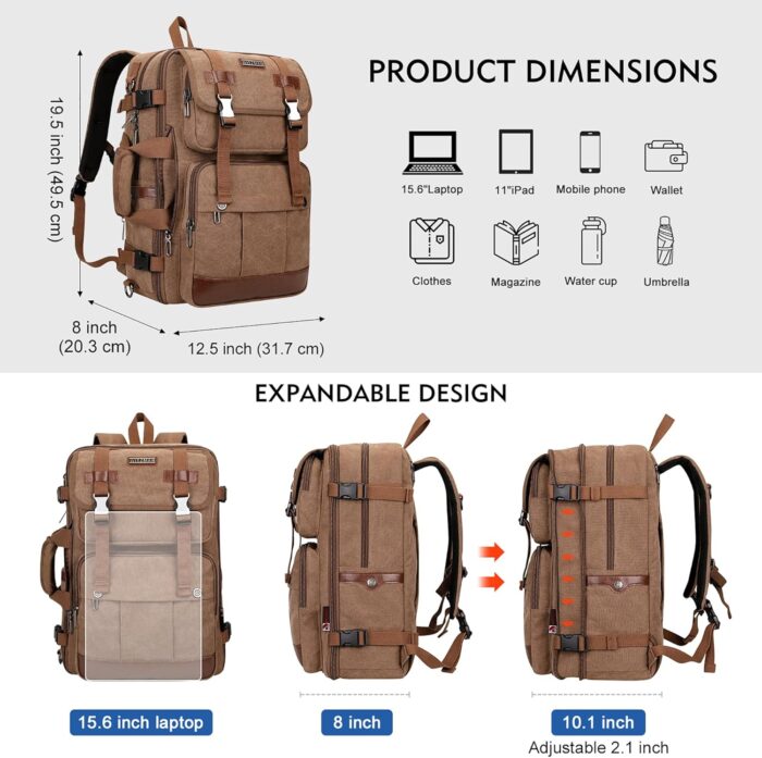 WITZMAN Canvas Travel Backpack for Men Large Laptop Backpack Fit 17 inch Carry-on Airline Approved Convertible Shoulder Rucksack(A6617-3 Brown) - Image 3