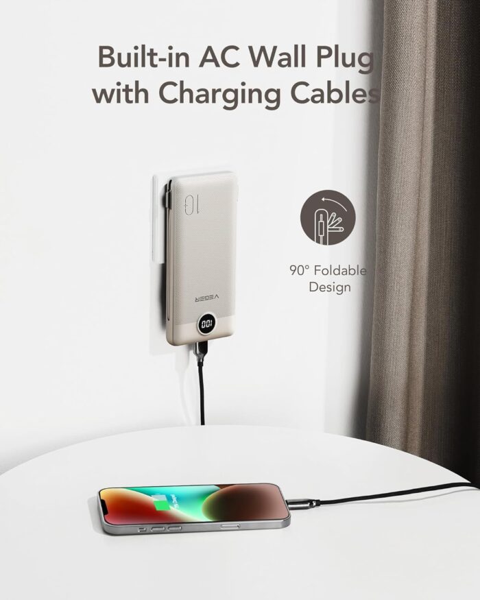 VEGER Portable Charger for iPhone with Built in Cables and Wall Plug, 10000mah Slim Fast Charging USB C Power Bank, Travel Essential Battery Pack Compatible with iPhone, iPad, Samsung etc(Coffee) - Image 3