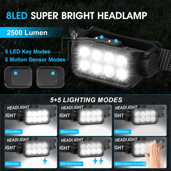 Rechargeable Headlamp Flashlight 2-Pack, 8 LED 2500 Lumen Ultra-Light Bright Headlight with Motion Sensor, Waterproof Lightweight Head Lamp for Adult Kid, Headlamps for Outdoor Camping Running Fishing - Image 3